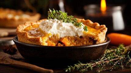 Wall Mural -   Close-up image of a pie in a bowl with carrots and a candle in the background