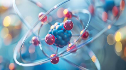 Wall Mural - 3d model depicting atomic structure, with red electrons orbiting a blue nucleus in a representation 