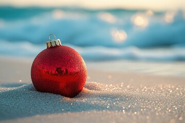 A vibrant red bauble half-buried in golden sand with rolling ocean waves in the background, captured during the festive season with a macro lens.