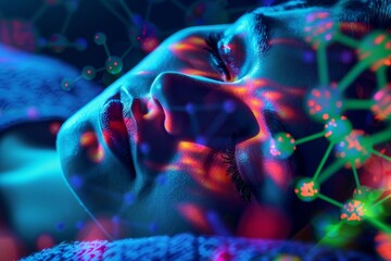 Wall Mural - a woman sleeping with a molecule pattern representing sleep improvement