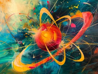 Wall Mural - abstract artistic depiction of an atom with multicolored electrons orbiting a vibrant nucleus, captu