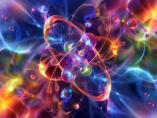 Wall Mural - abstract atomic structure with multicolored electrons and nucleus, vibrant energy depiction, dynamic