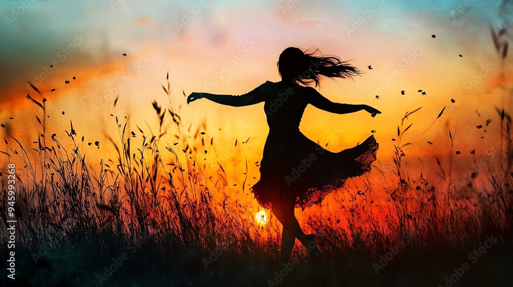 Silhouette of a woman dancing at sunset in a field of tall grass ...