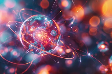 Poster - Abstract Illustration Depicting the Structure of an Atom with Detailed Protons, Neutrons, and Electrons, Using Quantum Mechanics and Vibrant Particles.