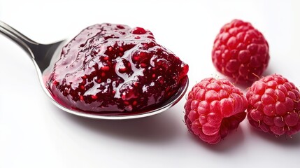 A spoonful of raspberry jam with fresh raspberries beside it.