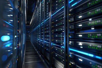 Poster - Row of server racks in a data center room with a futuristic background. Server equipment and terminal units are installed on the rack shelves. The corridor has a door with a digital display.