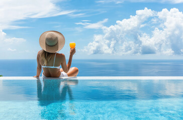 Wall Mural - A woman in white dress and straw hat sitting on the edge of an infinity pool with her back to camera