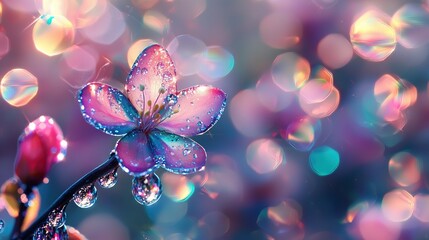   A close-up of a pink flower with water droplets and a blurred background of blue, pink, and purple