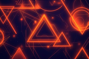Poster - Neon orange geometric shapes glow in vibrant dynamic pattern against dark background. Triangles, circles create futuristic, modern design with bright light energy.
