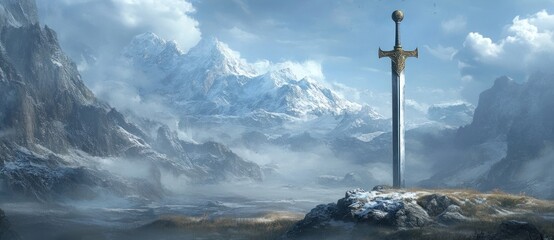 A Majestic Sword Stands Tall Against a Snowy Mountain Range