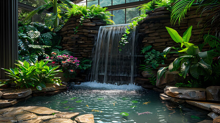 Luxurious waterfall garden inside the house,16K,photostock style