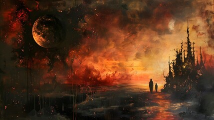 Wall Mural - Two Figures Walking Towards a Silhouette of a Tower on a Landscape with an Orange Sky and a Moon.