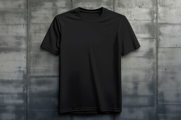 Black t-shirt on urban gray wall background for presentation. Isolated frontal view of blank cotton clothing on hanger. Empty space for design, style, or fashion concept.