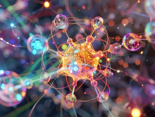Wall Mural - abstract visualization of an atom with electron orbitals, nucleus, and subatomic particles