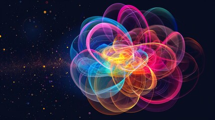 Wall Mural - abstract visualization of atomic orbitals with colorful paths and electron clouds on a black backgro