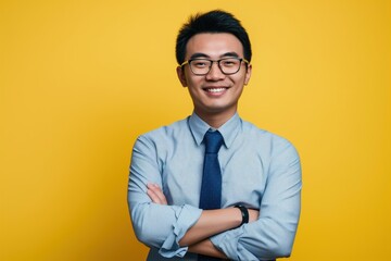 Young Chinese businessman wearing glasses and tie over yellow background. Happy face smiling with crossed arms, looking at the camera with confidence and positivity.