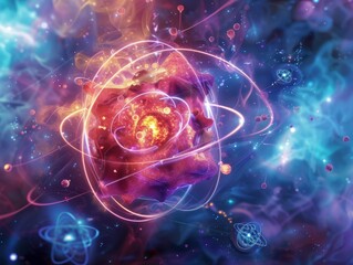 Wall Mural - atomic nucleus illustration depicting the structure of an atom with interactive particles and a vivi