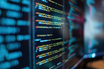Close-up of computer monitor displaying code in binary language on screen. Software development concept with lines of text, symbols and tags. Coding, programming and development idea.