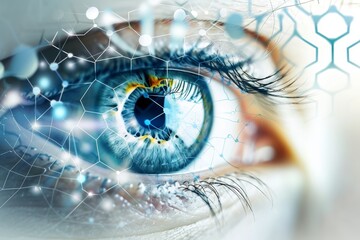 Wall Mural - close-up of a human eye with a molecular structure overlay, illustrating the importance of nutrients