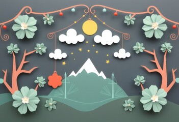 Papercraft landscape with flowers, trees, mountains, stars, and a moon.