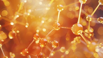 Wall Mural - close-up of glowing, golden molecules representing hair growth and shine, with a soft orange backgro