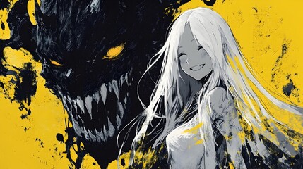 Demonic Grin and Playful White-Haired Girl in High-Contrast Animated