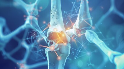 Poster - Scientific Illustration Depicting a Nutrient Molecule Essential for Strong Bones, Showcased Against a Vibrant Blue Background with a Focused  Representation of a Knee Joint