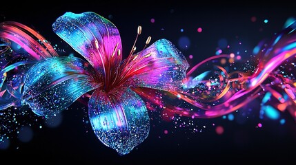   A vivid flower contrasting against a dark backdrop, with two additional flowers  positioned to the right side, and another set (pink-blue combo