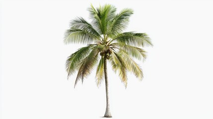 A tall palm tree with lush green fronds and a slender trunk against a white background.