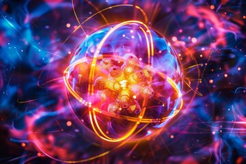 Wall Mural - vibrant and detailed visualization of an atomic nucleus, highlighting the strength and complexity of