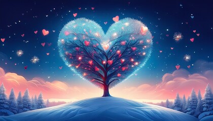 Beautiful winter scene of love and romance. The tree is the heart of Winter Wonderland.