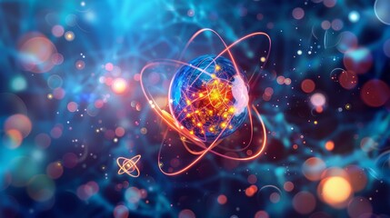 Wall Mural - vibrant atomic structure with electron orbits in a deep blue hue