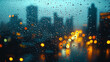 © Nikola - A cinematic close-up of raindrops on a window, with a blurred cityscape in the background, perfect for a reflective and moody background.