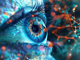 Wall Mural - vibrant close-up of a human eye, with a molecular network depicting the complexities of vision and e