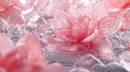 Wall Mural -   A pink flower resting atop an icy mound beside another pink blossom on a similar icy mound