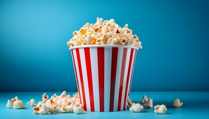 Cinema popcorn bucket isolated on blue background, Red and white popcorn bucket, Generative AI