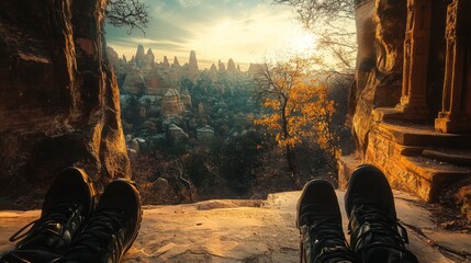 Scenic image showing two people resting inside a cave, overlooking a stunning sunset view with rocky formations and trees, creating a sense of tranquility and adventure.