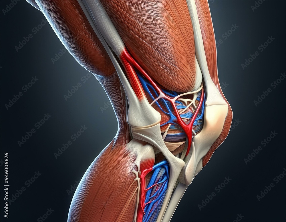 Detailed Digital Illustration of Knee Anatomy Highlighting Vascular and ...