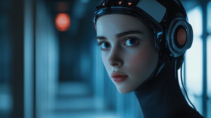 Wall Mural - A Young Woman Wearing a Futuristic Helmet in a Blue and Gray Environment