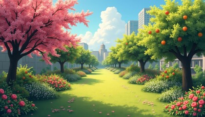 Wall Mural - Enchanting city park with vibrant blossoms and lush greenery