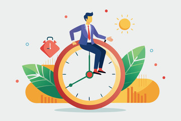 Time management, vision or effort to manage project and foresee problem or opportunity, work deadline or timer countdown, progress or development concept, businessman riding time passing clock.
