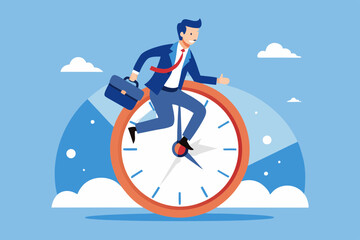 Time management, vision or effort to manage project and foresee problem or opportunity, work deadline or timer countdown, progress or development concept, businessman riding time passing clock.
