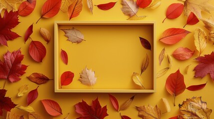 Wall Mural - Autumn Leaves Surrounding White Frame