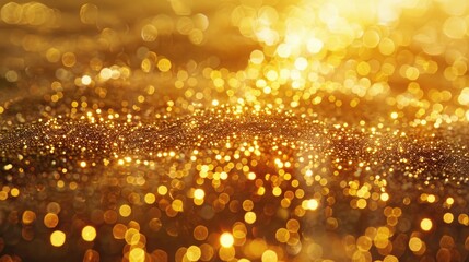 Wall Mural - Gold blurry defocused sparkle glitter gold bokeh background wallpaper with copy space. Gold Christmas glitter design background. Magic artistic shiny golden circle bokeh.