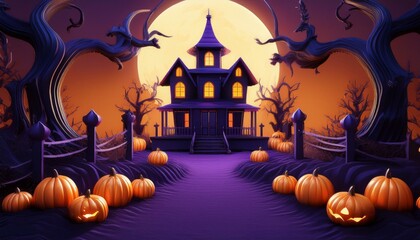 Halloween background with pumpkins and haunted house - 3D render. Holiday event halloween banner background concept