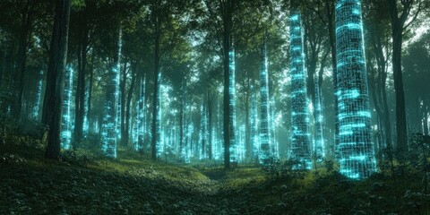 Glowing trees in a dark forest.
