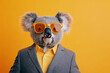 © Thierry C - Funky colorful Koala dressed in suit in funny look, with orange sunglasses and standing looking at the camera on an orange background like a studio shoot