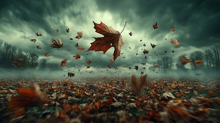 Wall Mural -   A swarm of leaves soaring against a black sky, with ominous clouds looming behind