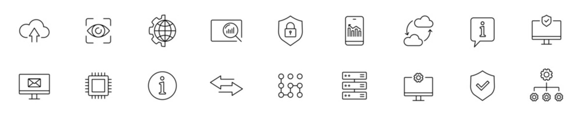 Technology icon set. Tech, data analytics vector icons. Database setting cloud symbols. Vector