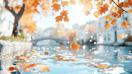 Poster -   A floating cluster of leaves beside a waterway near a bridge